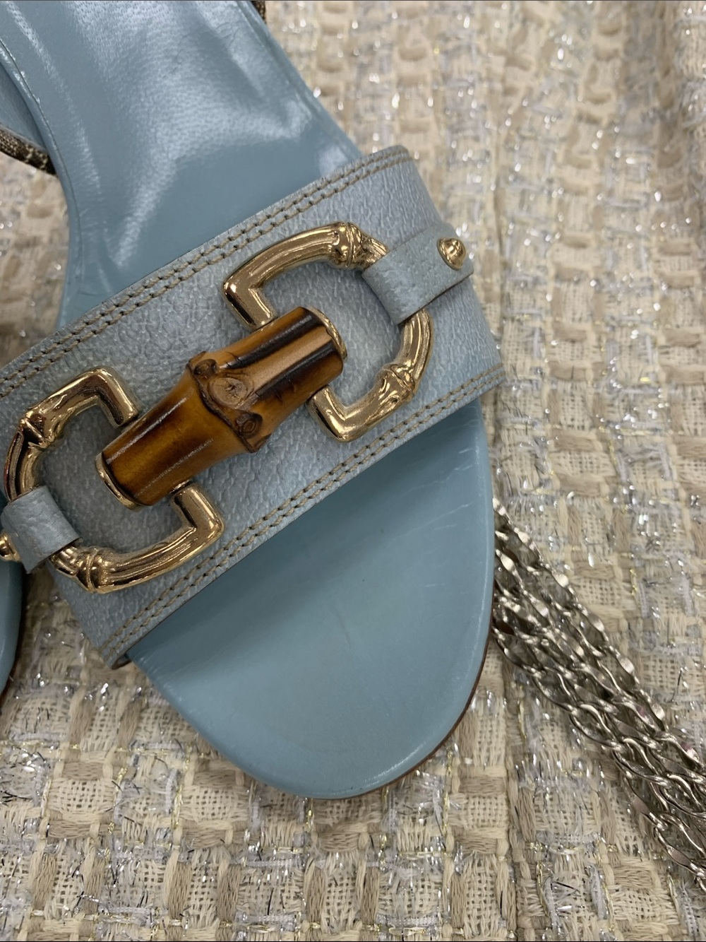 Gucci Light Blue Leather Open-Toe Heels with Brown Monogram Canvas - Picture 2 of 7